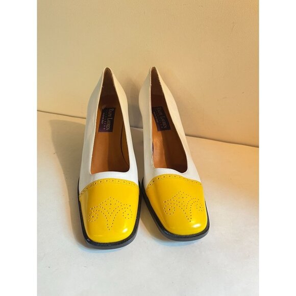 NEW Ralph Lauren Vintage Oxford Brogue Cap Toe Heels Shoe White Yellow 8 B - Picture 2 of 8